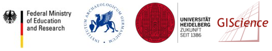 Logos of Federal Ministry of Education and Research (BMBF), German Archaeologicl Institute (DAI), Heideberg University and GIScience Research Group Heidelberg